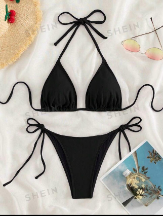 banador bikini halter triangulo con cordon lateral negro